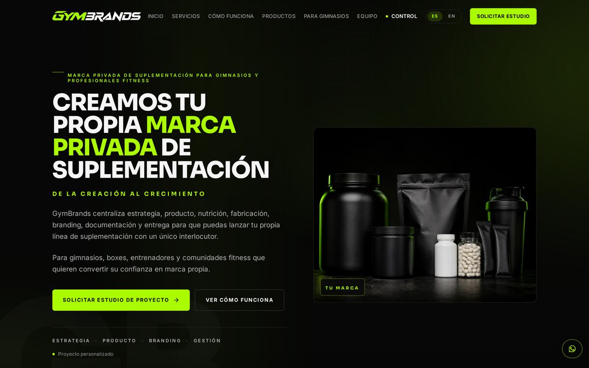 Portada de GymBrands en escritorio: marca privada de suplementación para gimnasios, sobre fondo negro con acentos verde lima.