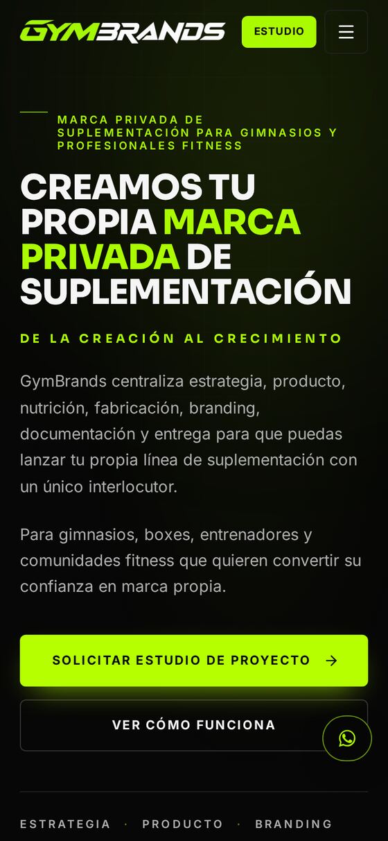 Versión móvil de GymBrands con el titular y la llamada a solicitar estudio.