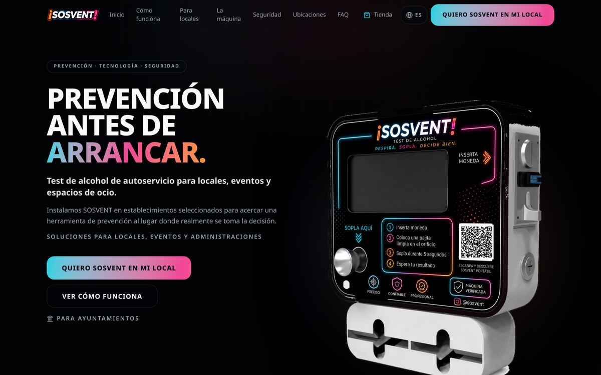 Portada de SOSVENT en escritorio con la máquina de test de alcohol de autoservicio y acentos de neón.