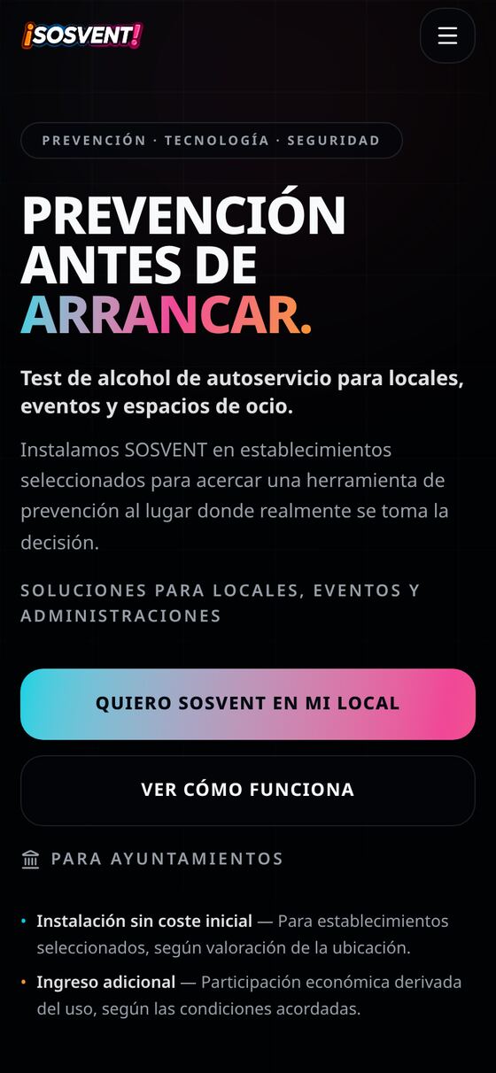Versión móvil de SOSVENT con el titular de prevención y las llamadas a la acción.